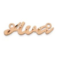 Rose gold-colored metal connector charm with cursive script lettering and two small holes at each end for attaching to jewelry.