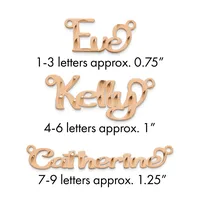 Three rose gold name charms with loops at the top, labeled by letter count: "Eve" at 0.75 inches, "Kelly" at 1 inch, and "Catherine" at 1.25 inches.
