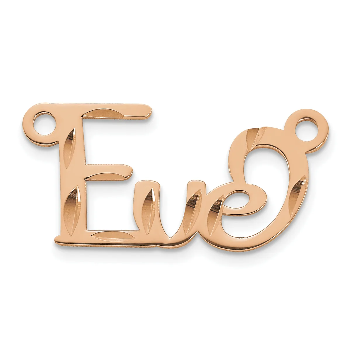 Rose gold-toned metal charm or pendant spelling "Eve" with loops at each end for attachment.