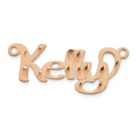 Rose gold-toned metal nameplate pendant spelling "Kelly" with decorative cutout details and small loops at each end for attachment.