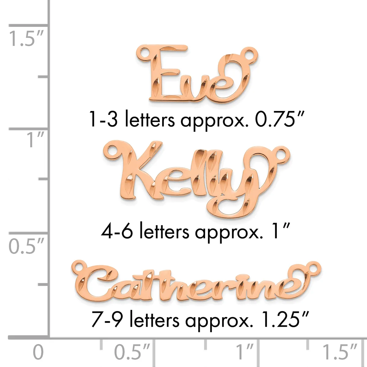 Three rose gold nameplate pendants displayed next to a ruler showing sizes: "Eva" at 0.75 inches, "Kelly" at 1 inch, and "Catherine" at 1.25 inches.
