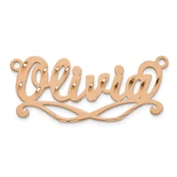 Rose gold-colored metal pendant with the word "Karina" in cursive script, featuring decorative scrollwork at the bottom and small loops at the top for attachment.
