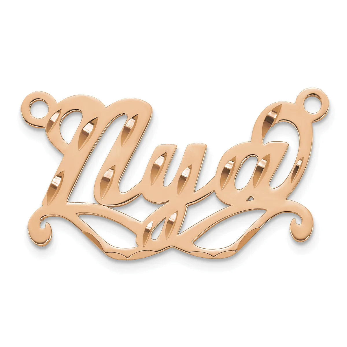 Rose gold pendant with cursive script lettering and decorative flourishes, featuring two attachment loops at the top and ornamental scrollwork at the base.