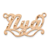 Rose gold pendant with cursive script lettering and decorative flourishes, featuring two attachment loops at the top and ornamental scrollwork at the base.