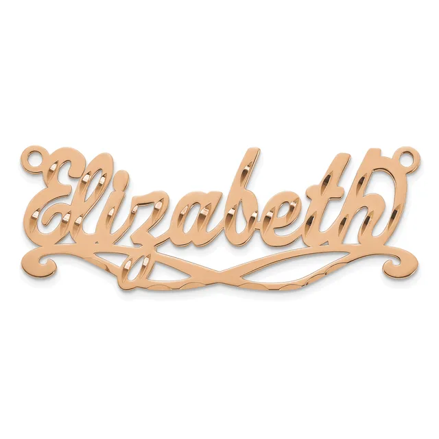 Rose gold-colored metal nameplate pendant with ornamental scrollwork reading "Elizabeth" with small loops at top corners for attachment.
