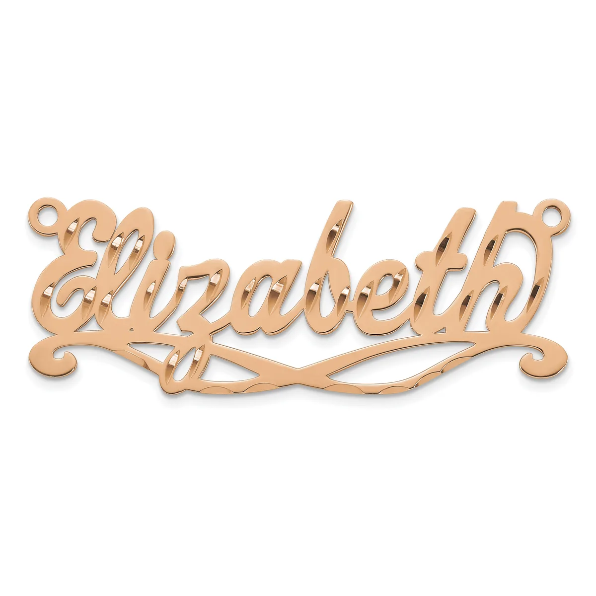 Rose gold-colored metal nameplate pendant with ornamental scrollwork reading "Elizabeth" with small loops at top corners for attachment.