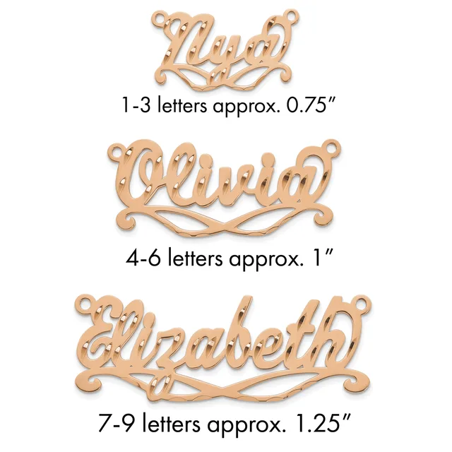 Three copper name pendants with decorative flourishes shown in increasing sizes, labeled by letter count and approximate dimensions.