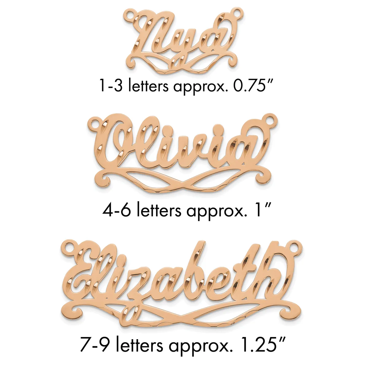 Three copper name pendants with decorative flourishes shown in increasing sizes, labeled by letter count and approximate dimensions.