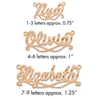 Three copper name pendants with decorative flourishes shown in increasing sizes, labeled by letter count and approximate dimensions.