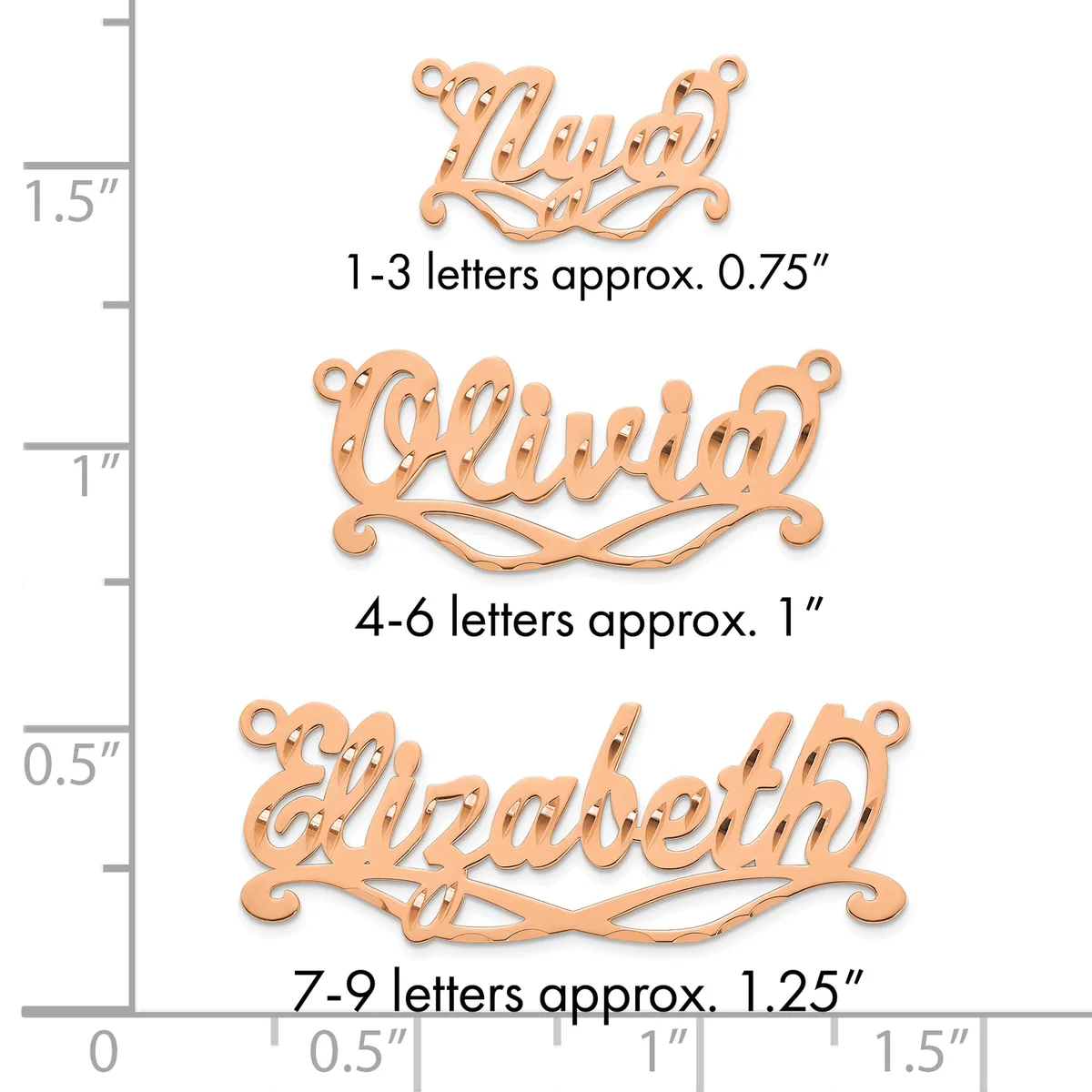 Three copper name pendants with decorative flourishes shown at actual size against a measurement ruler, ranging from 0.75 inches for 1-3 letters to 1.25 inches for 7-9 letters.