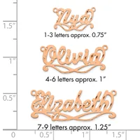Three copper name pendants with decorative flourishes shown at actual size against a measurement ruler, ranging from 0.75 inches for 1-3 letters to 1.25 inches for 7-9 letters.