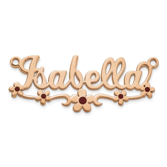 A wooden name plaque reading "Isabellah" in script lettering with decorative flower motifs and dark red stone accents along the bottom edge.