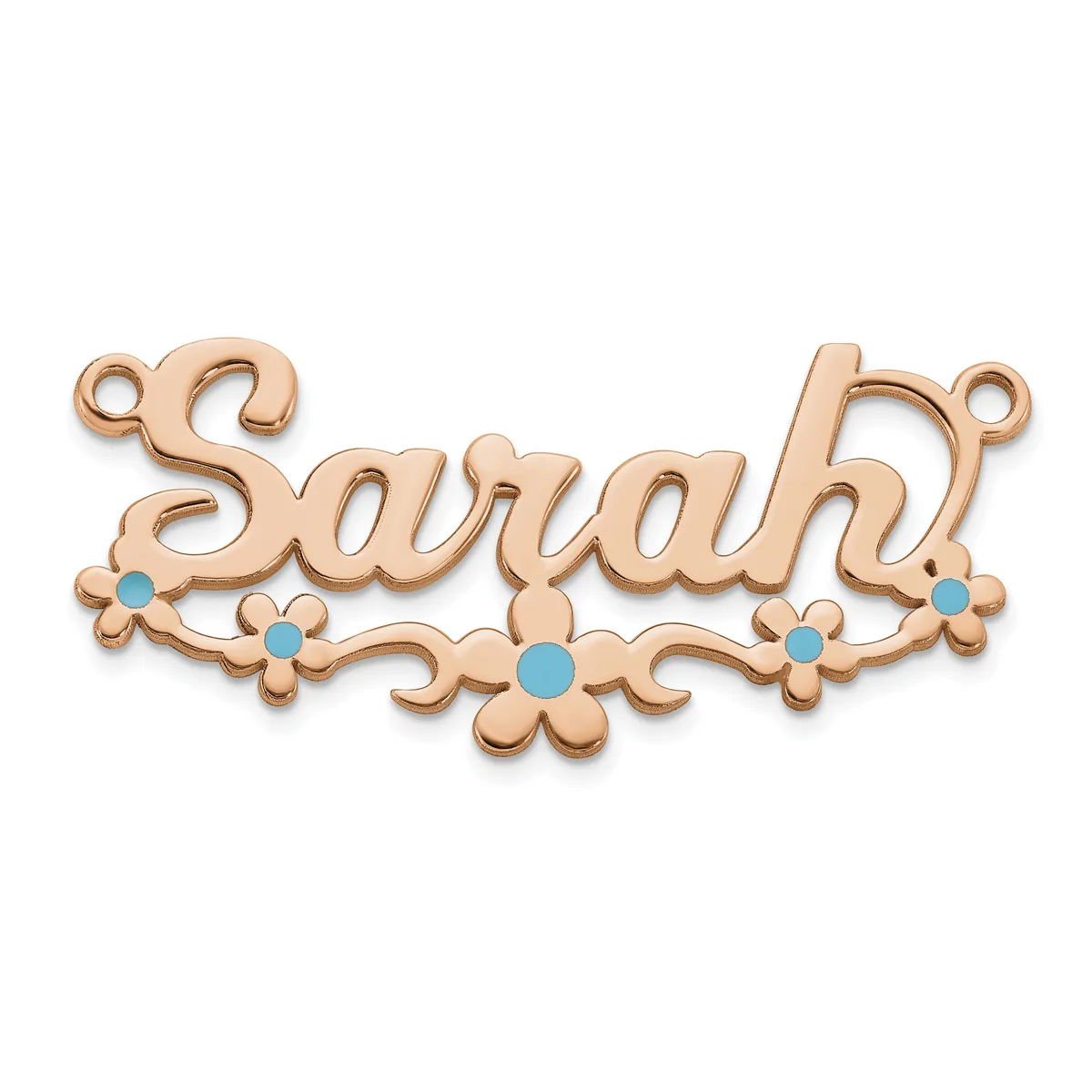 Rose gold-colored name pendant spelling "Sarah" with decorative flourishes, turquoise stone accents, and small loops at top for attaching to a chain.