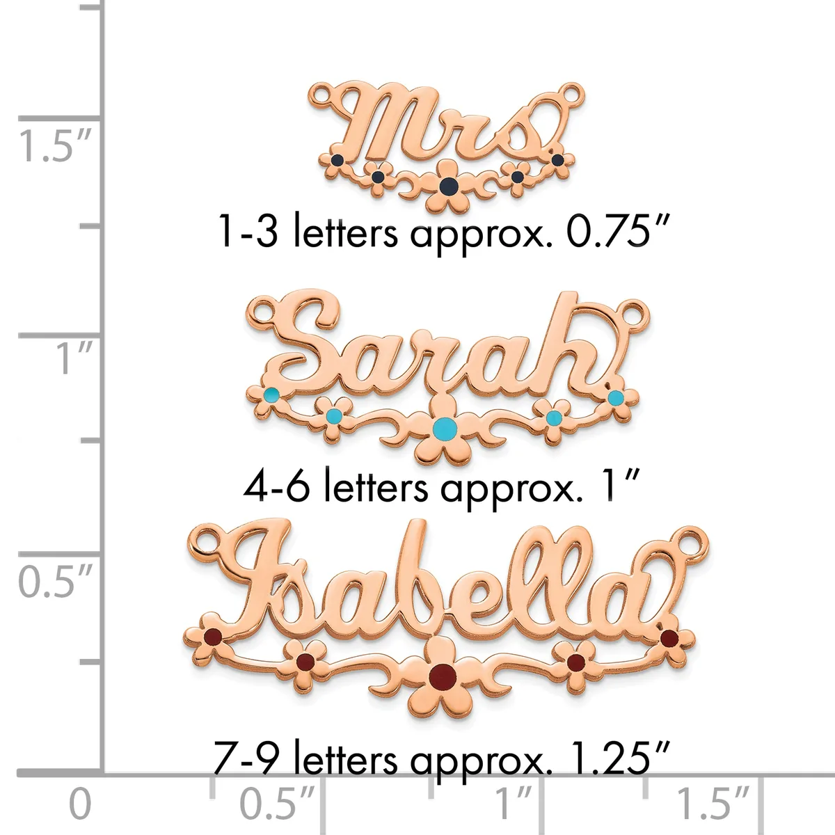 Three copper name pendants with decorative flourishes and gemstone accents, displayed with a size scale showing heights from approximately 0.75 to 1.25 inches.