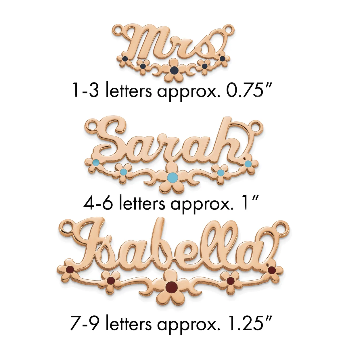 Three rose gold decorative name pendants with ornamental flourishes and gemstone accents, labeled by letter count and approximate size.