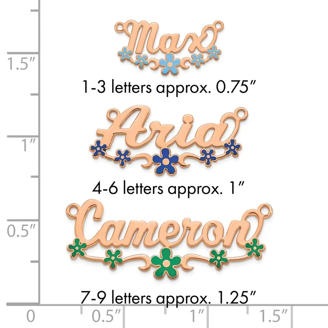 Three copper name charms with decorative flowers in different sizes, displayed against a ruler showing dimensions from 0 to 1.5 inches.