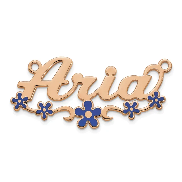 Rose gold pendant with script text and blue enamel flowers, featuring two loops at the top for attachment.