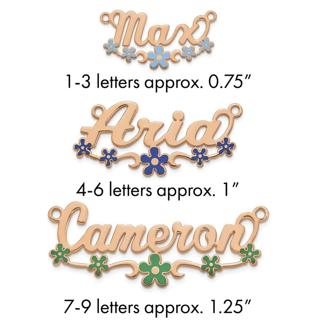 Three rose gold pendants with decorative flowers and hanging loops, labeled by letter count and approximate size: Max at 0.75 inches, Ariana at 1 inch, and Cameron at 1.25 inches.