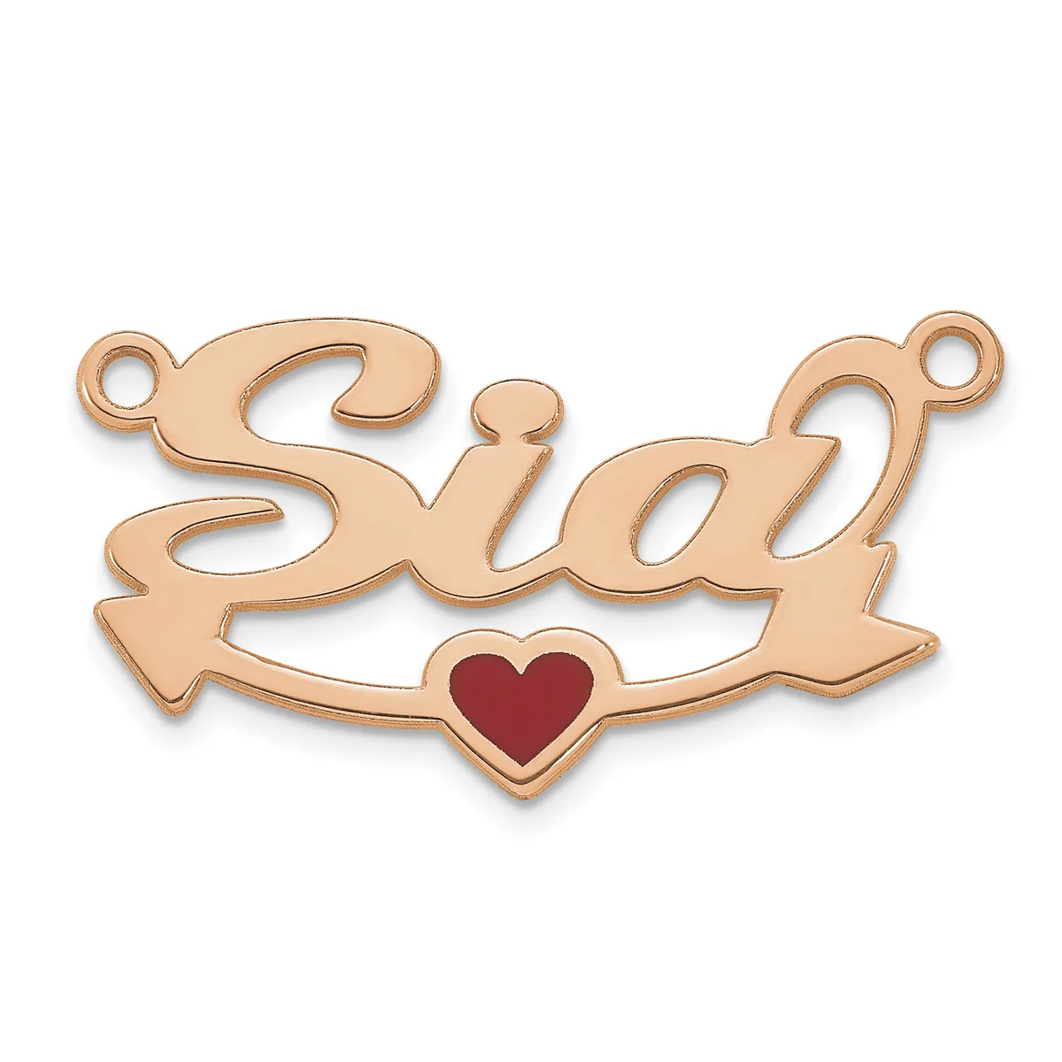 Rose gold pendant with the word "Sia" in script, flanked by arrow designs on each side, with a small red heart centered below.