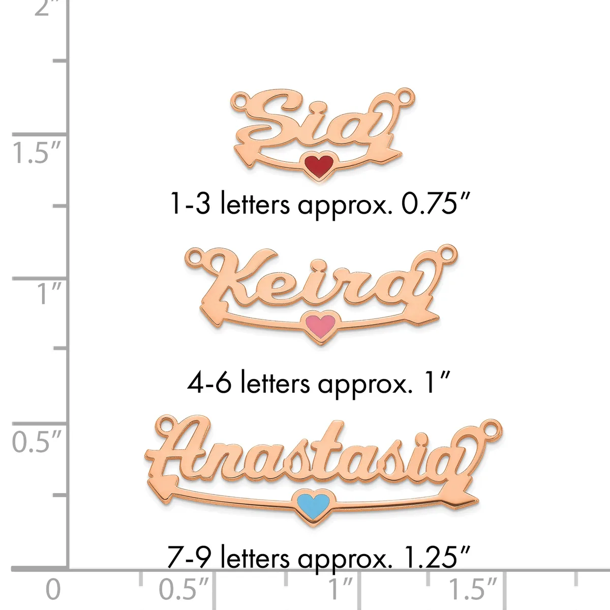 Three rose gold name pendants with heart charms shown at actual size, ranging from 0.75 inches for 1-3 letters to 1.25 inches for 7-9 letters.