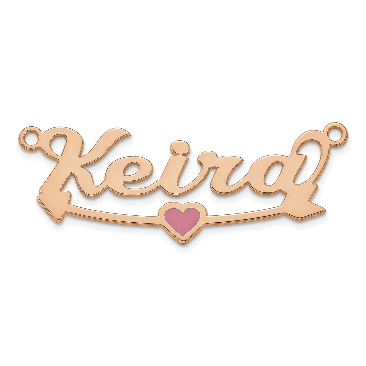 Rose gold-toned metal pendant spelling "Keirdy" with decorative scrolled ends and a small pink enamel heart detail centered below the text.