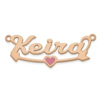 Rose gold-toned metal pendant spelling "Keirdy" with decorative scrolled ends and a small pink enamel heart detail centered below the text.