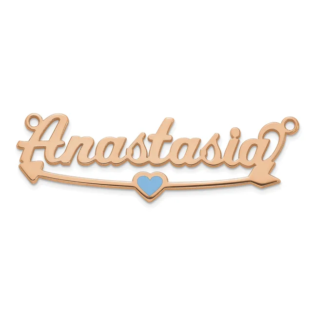 Rose gold pendant with the name Anastasia in script lettering, featuring a small blue heart accent below, with loop attachments at each end.