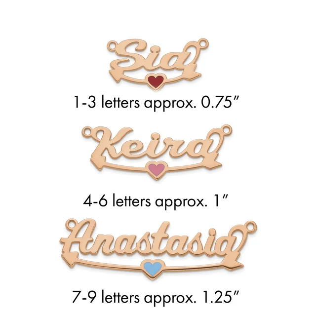 Three rose gold name pendants with heart charms in increasing sizes, labeled by letter count and approximate width measurements.