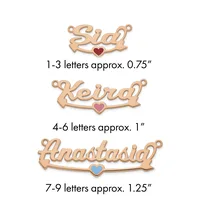 Three rose gold name pendants with heart charms in increasing sizes, labeled by letter count and approximate width measurements.