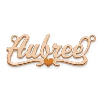 Rose gold-toned metal pendant with script lettering spelling "hubree" and a small heart charm, featuring small loops at each end for attachment.