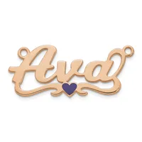 Rose gold pendant with ornate scrollwork spelling "Chad" and a small dark blue heart charm in the center, with two small loops at the top for attachment.