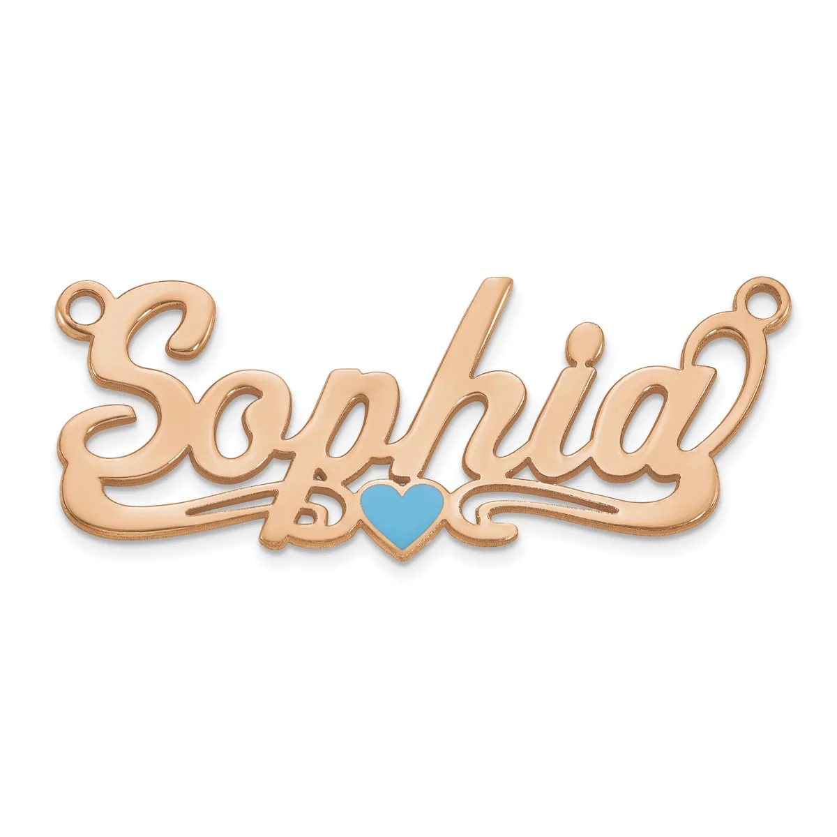 Rose gold nameplate pendant with decorative scrollwork spelling "Sophia" and a small turquoise heart accent in the center, with loop attachments at each end.