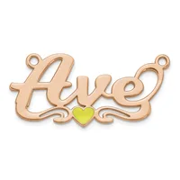 Rose gold pendant with the word "love" in script lettering and a small yellow-green heart accent in the center, featuring two small loops at the top.