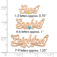 Three rose gold name pendants with decorative script lettering and small colored hearts, shown at actual size with a measurement scale indicating heights from 0.75 to 1.25 inches.
