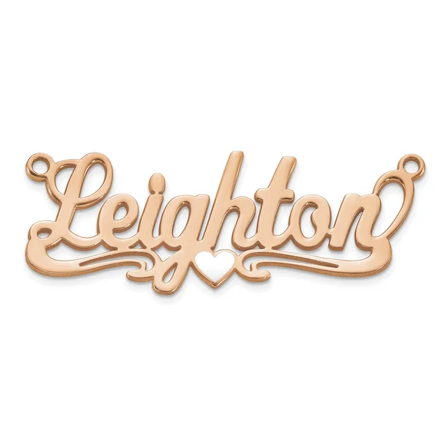 Rose gold-colored metal nameplate pendant with the name "Leighton" in cursive script, featuring small loops at each end for attachment.