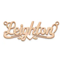 Rose gold-colored metal nameplate pendant with the name "Leighton" in cursive script, featuring small loops at each end for attachment.