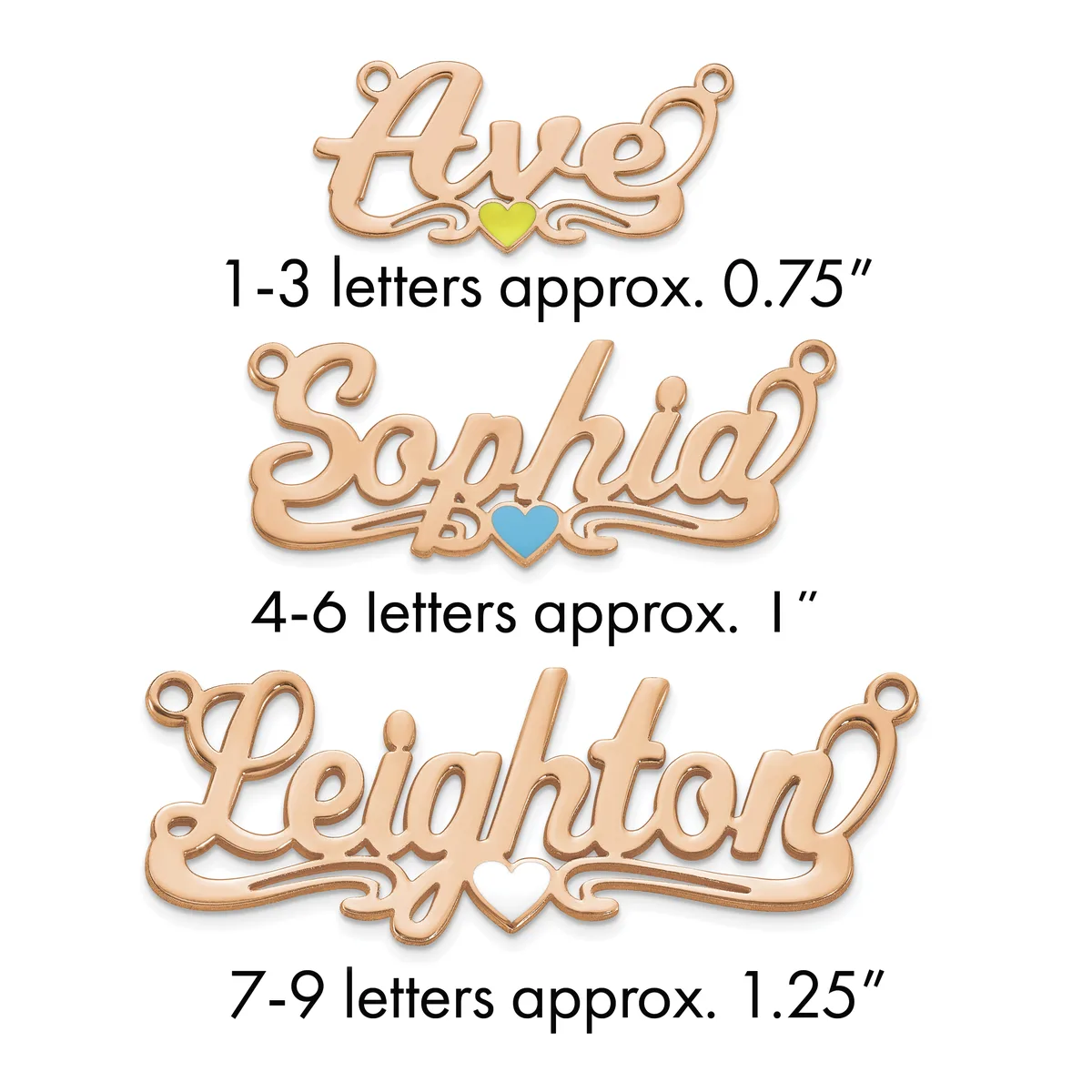 Three rose gold pendants with script names and colored stone accents, sized by letter count from 0.75 to 1.25 inches.