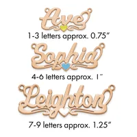 Three rose gold pendants with script names and colored stone accents, sized by letter count from 0.75 to 1.25 inches.