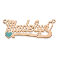 Rose gold pendant charm with the word "Madelyn" in script lettering and a small teal enamel heart, with two loops for attachment at the top.