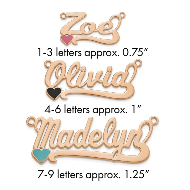 Three rose gold name charms with colored hearts in different sizes, labeled by letter count and approximate dimensions.