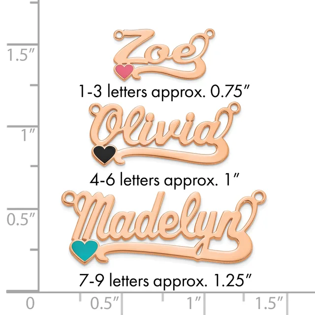 Three rose gold name charms with colored enamel hearts shown next to a ruler displaying sizes from 0.75 to 1.25 inches in height.