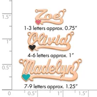 Three rose gold name charms with colored enamel hearts shown next to a ruler displaying sizes from 0.75 to 1.25 inches in height.
