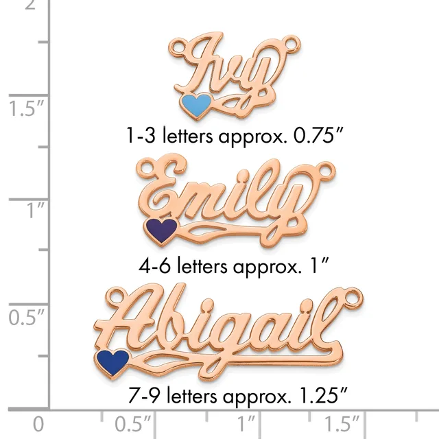 Three rose gold name pendants with heart charms shown at different sizes next to a ruler, measuring approximately 0.75 to 1.25 inches wide.