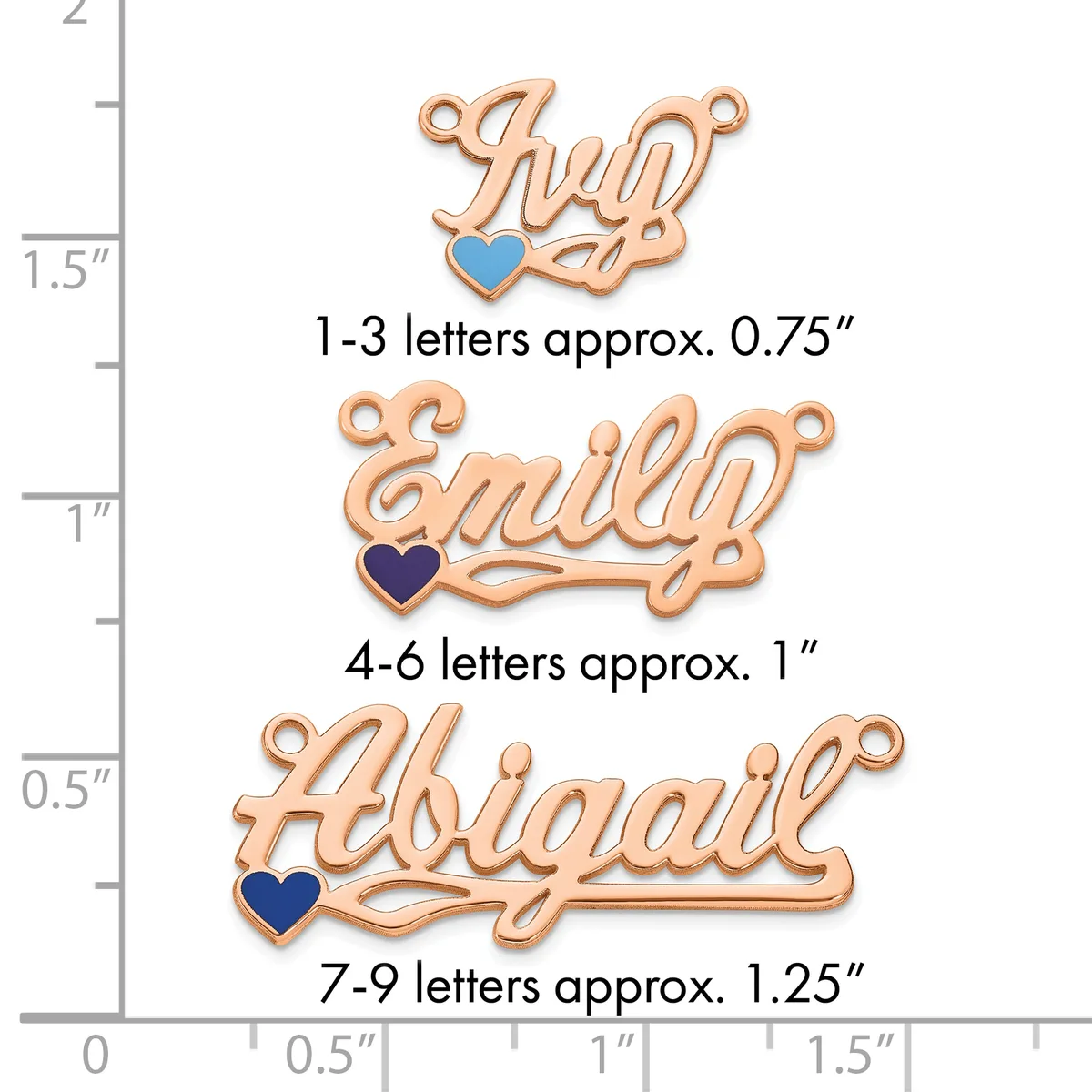 Three rose gold name pendants with heart charms shown at different sizes next to a ruler, measuring approximately 0.75 to 1.25 inches wide.