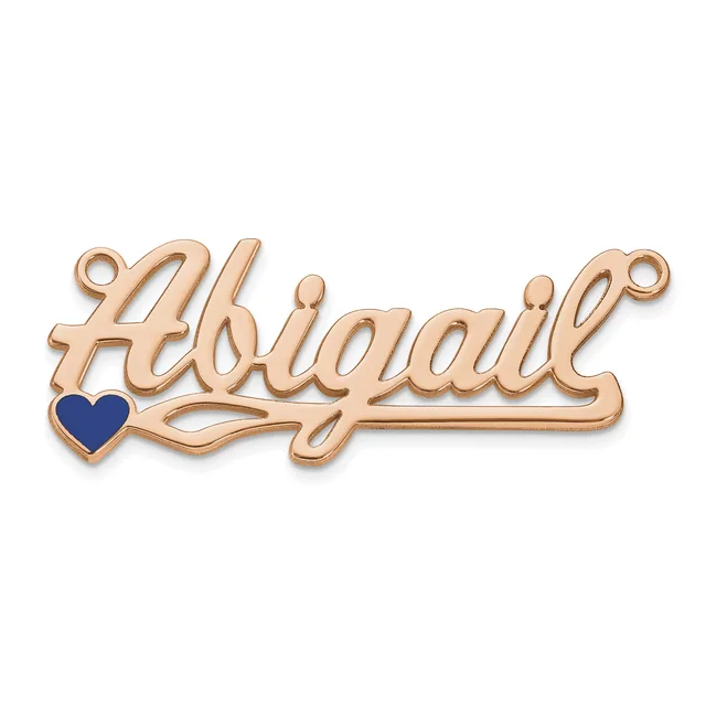 Rose gold pendant with script lettering and a small dark blue heart, featuring small loops at top for attachment.