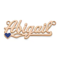 Rose gold pendant with script lettering and a small dark blue heart, featuring small loops at top for attachment.
