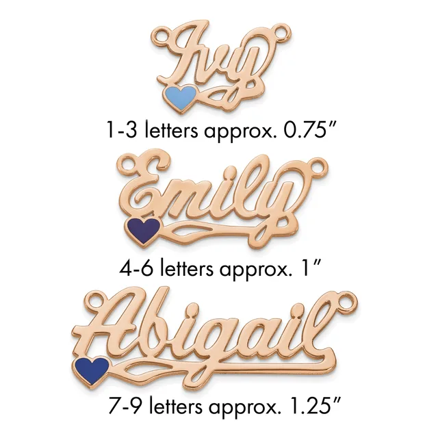 Three rose gold name pendants with heart charms in increasing sizes, labeled by letter count and approximate dimensions.