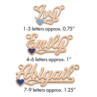 Three rose gold name pendants with heart charms in increasing sizes, labeled by letter count and approximate dimensions.