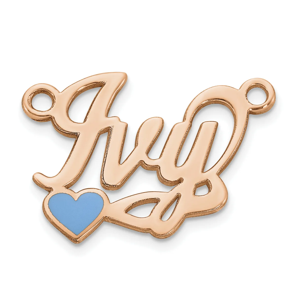 Rose gold-toned metal charm with cursive "Ivy" text and a small blue heart, with two attachment loops.