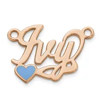 Rose gold-toned metal charm with cursive "Ivy" text and a small blue heart, with two attachment loops.